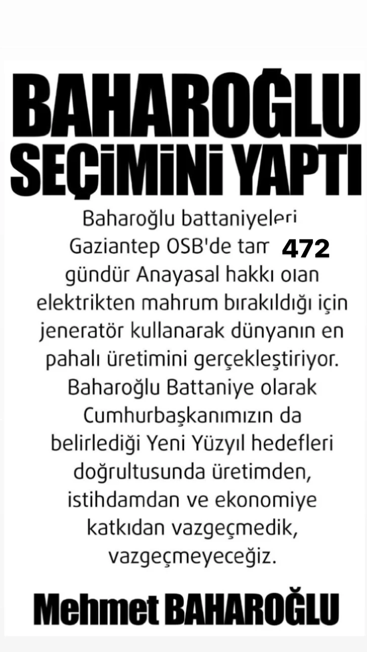 Dünyanın en pahalı üretimini yapan Gaziantepli  işadamı Baharoğlu seçimini yaptı.